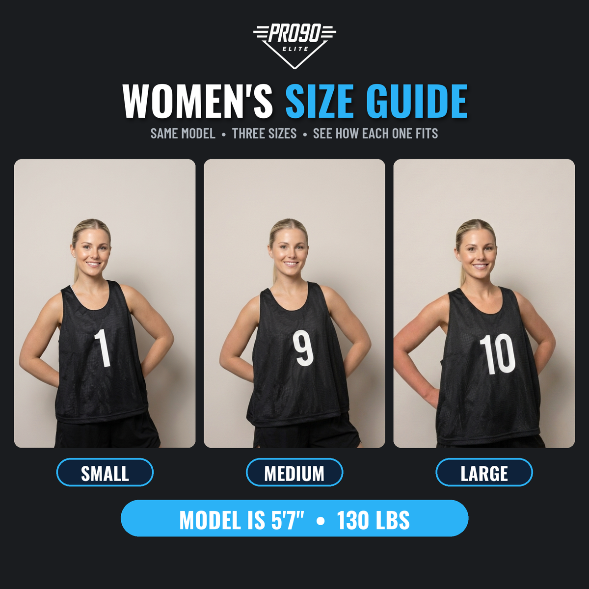 Women’s basketball jersey size guide. Model shown in all three sizes is 5 feet 7 inches tall and weighs 130 pounds.